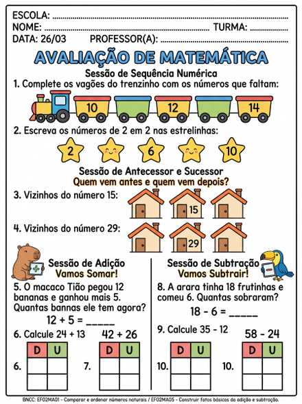 Avaliação de Matemática com sequência, vizinhos e…