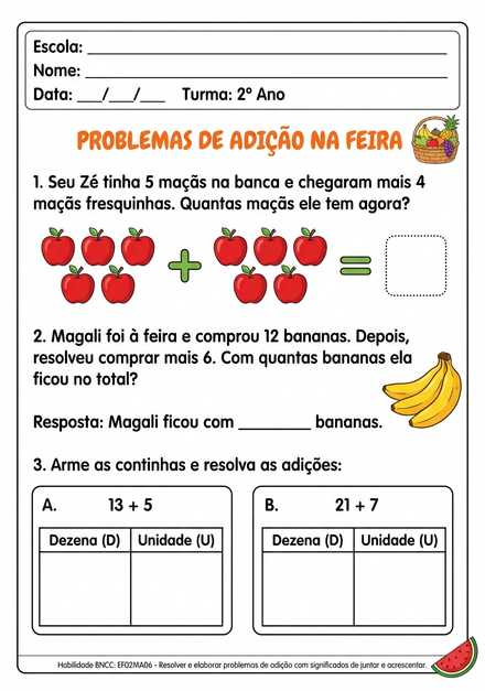 Problemas de adição na feira 2º ano
