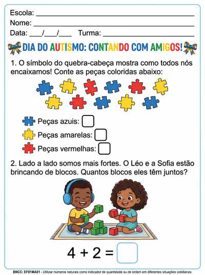 atividade matematica para dia autismo para 1 ano do ensino fundamental