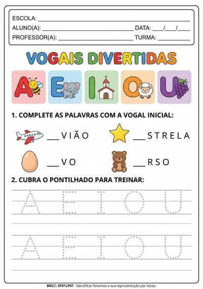 Atividade de alfabetização com as vogais