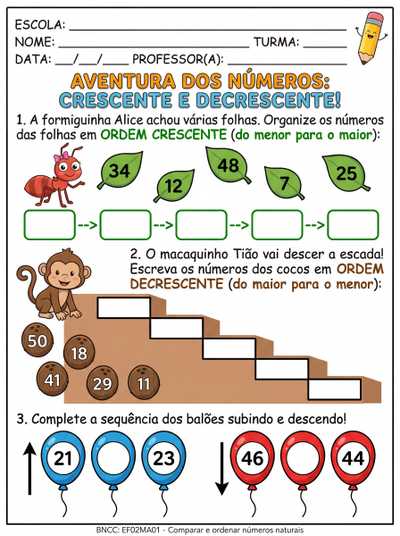 atividades de ordem crescente e decrescente, os número até cinquenta,