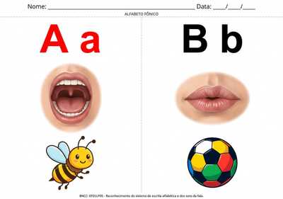 Faça o alfabeto fônico com a boquinha que representa o som.
Letra em bastão maiúsculo e minúsculo.
2 letra por folha separada em 2 colunas , que caiba em toda a folha para impressão
Tire o cabeçalho, as letras pontilhados, o título.
Faça apenas as letras Aa, Bb com o desenho, na folha em formato paisagem
Pinte as vogais em vermelho e as consoantes em preto
Quero que faça assim com todas as letras do alfabeto
Faça a letra maior do que o desenho e mantenha o formato
Faça o mesmo com as letras Cc,Dd, Ef, Gg