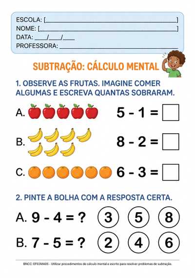 atividade subtração por calculo mental  3 ano para alunos com deficiência intelectual