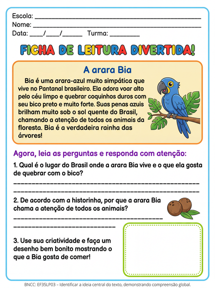 Ficha de leitura divertida A arara Bia