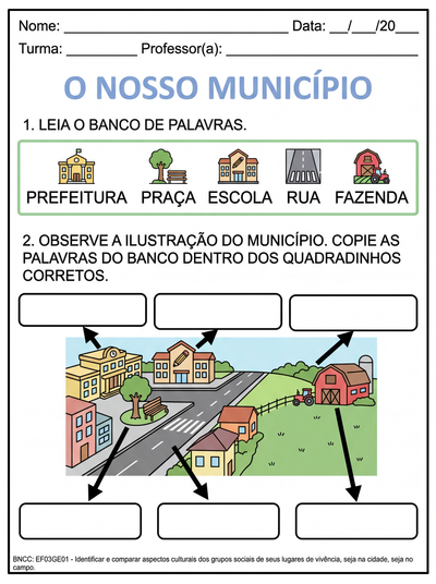desenvolver um diagrama com banco de palavras relacionadas à município para terceiro ano adaptada para criança com Tea 