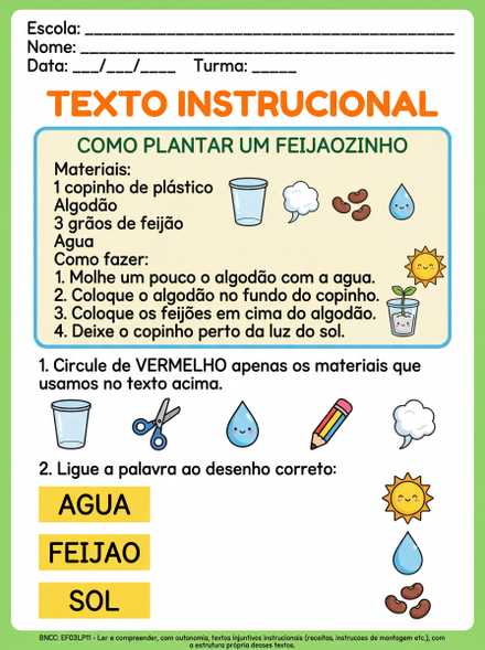 Atividade de texto instrucional como plantar feij…