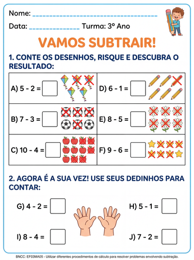 Atividade de subtração com mais questões 
para criança com deficiência intelectual  terceiro ano