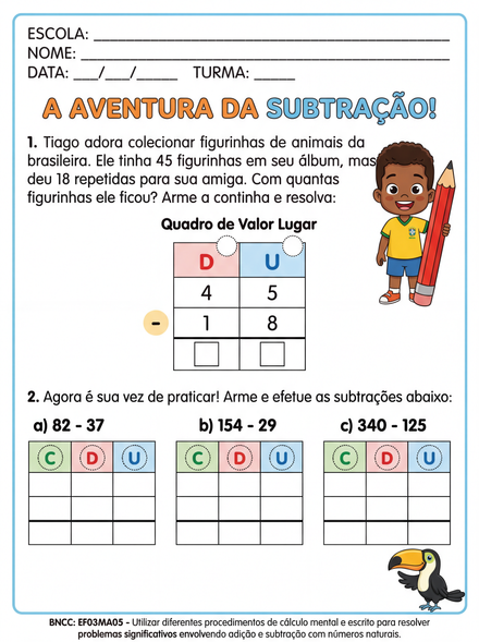 Atividade de Subtração com Quadro de Valor Lugar