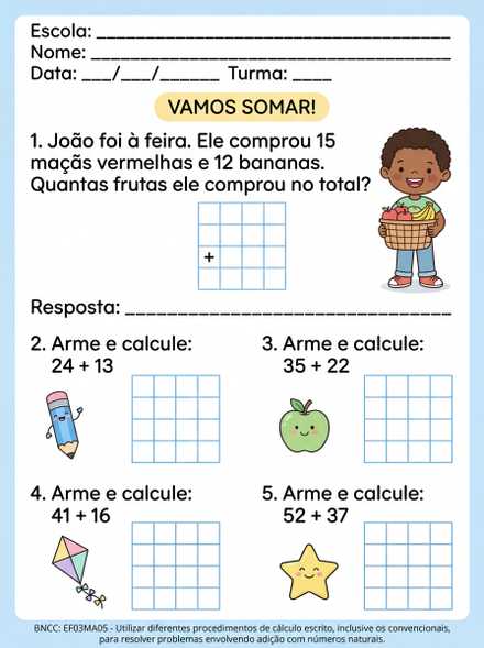 Folha VAMOS SOMAR adição com malha quadriculada