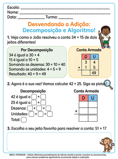 Atividade algoritmos convencional e decomposição  3 ano para alunos com dificuldade
 
