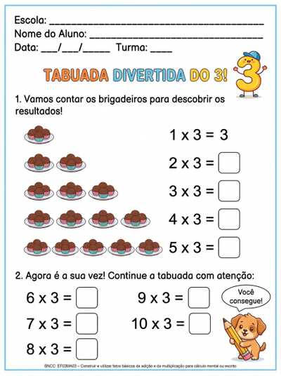 tabuada divertida do 3. Alunos com dificuldade. Use ex. 1x3; 2x3...