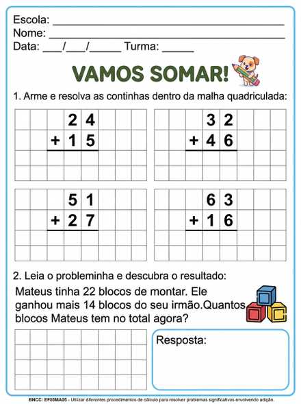 Vamos Somar adição com malha quadriculada