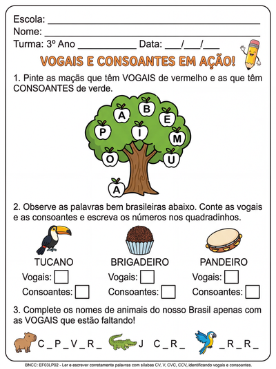 atividade para terceiro ano sobre vogais e consoantes