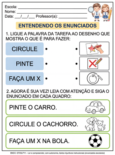 Crie atividade para 3 ano do fundamental com o gênero textual: Enunciados de tarefas escolares.  para aluno com tea