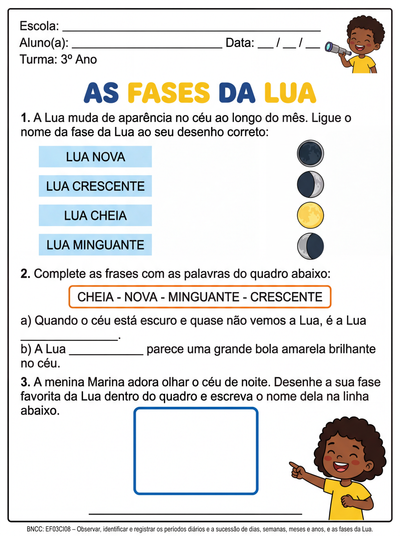 Atividade sobre as fases da lua para o terceiro ano
