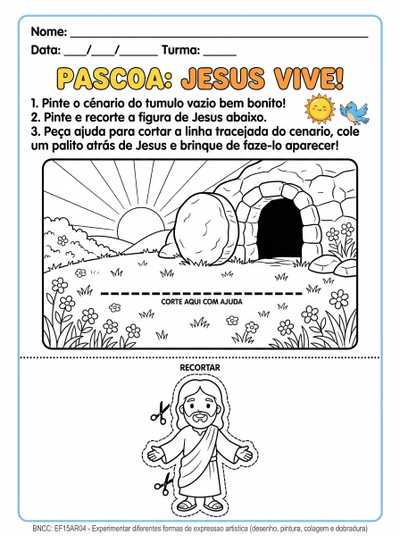 cartão  para colorir. Páscoa. Jesus Vive! Com jesus para recortar e colar no palito e interagir no cenário