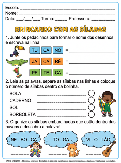 atividade para terceiro ano sobre composição de sílabas