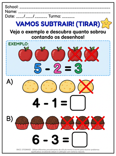 Atividade de subtração para criança com deficiência intelectual  terceiro ano