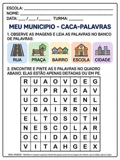 desenvolver um caça palavras com banco de palavras relacionadas à município para terceiro ano adaptada para criança com Tea 