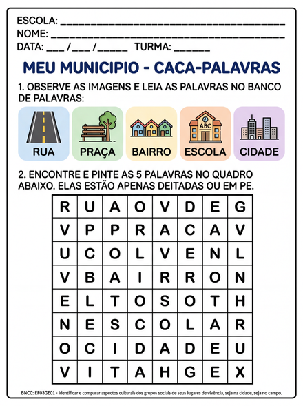 Caça-palavras Meu Município com banco de palavras