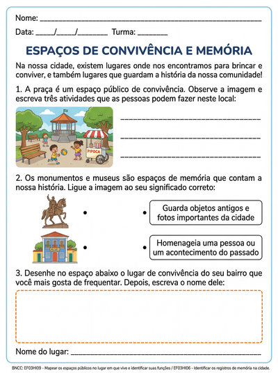 Atividade sobre espaços de convivência e memória para terceiro ano.