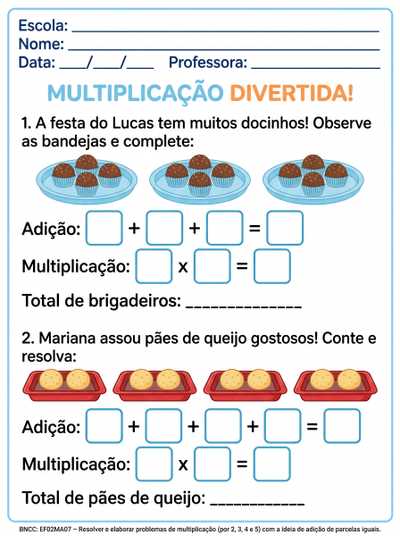 Atividade de multiplicação para alunos com tdah. Espaços amplos para respostas