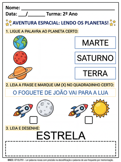 ATIVIDADE DE LEITURA PARA ALUNO COM TEA, COM HIPERFOCO EM PLANETAS 2° FUNDAMENTAL
