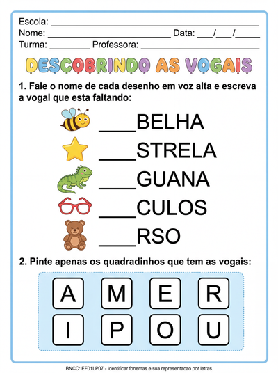 Atividade de alfabetização com as vogais