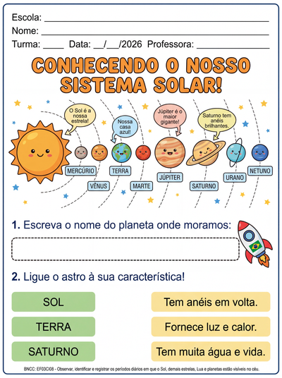 desenho do sistema solar e os seus respectivos nomes e algumas caraterísticas ( curiosidades) para turma de terceiro ano do ef .pode ser colorido. também pode ser acrescentado atividades de fixação do assunto