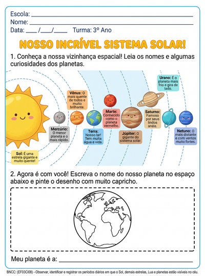 atividade sobre sistema solar com desenho do sistema solar e os seus respectivos nomes e algumas caraterísticas ( curiosidades) para turma de terceiro ano do ef .pode ser colorido
