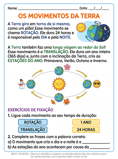 atividade para 3º ano do ef sobre os movimentos de rotação e translação, com explicação simples sobre o dia e a noite e estações do ano, representação com desenho colorido,e também pode ser criado exercícios de fixação sobre o assunto. sem cabeçalho de identificação