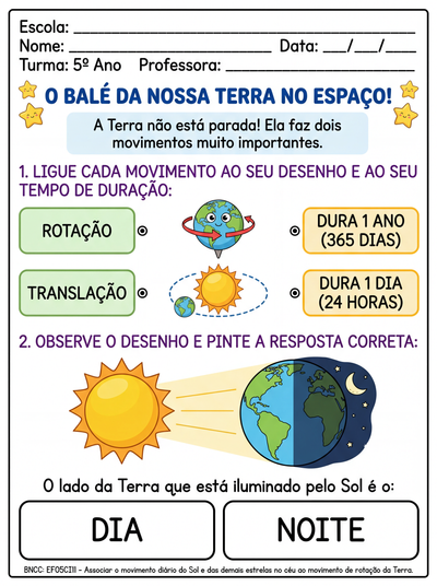 elabore uma atividade sobre o sistema solar para o 5º ano de forma adaptada, que aborde: O movimento de rotação e translação