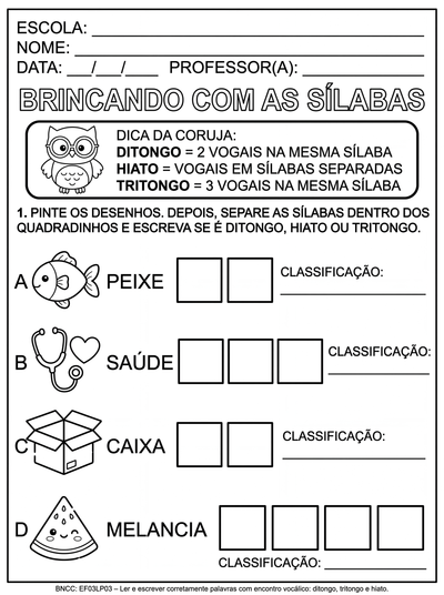 crie uma atividade para o 5º ano adaptada para um aluno autista , sobre separação de sílabas e classificação: hiato, ditongo e tritongo
A atividade deve ser em preto e branco para impressão e a criança colorir