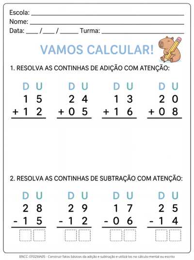 elabore uma atividade para aluno tea com 8 calculos de adição e subtração armados sem reagrupamento com numerais até 30