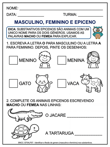 Atividade de Língua Portuguesa sobre Masculino Fe…