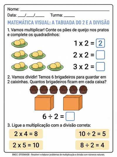 crie uma atividade adapta para um aluno autista do 5ano, com a tabuada x2 e conceitos de divisão