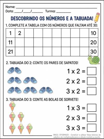 elabore uma atividade para aluno tea com a tabuada de x2 e x3 e enumerar até 30