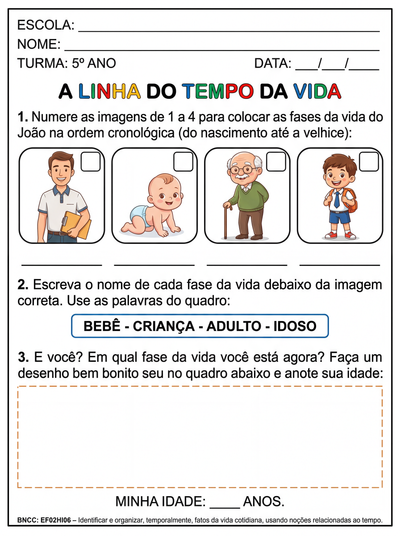 faça uma atividade adaptada para um aluno do 5º ano sobre : ordem cronológica fses da vida.