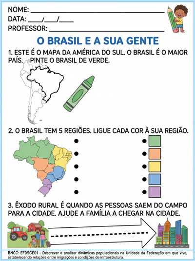 elabote buma atividade adaptada para tea 5º ano  de geografia, sobre o Brasil na américa do Sul ,divisão regional do brasil e exodo rural