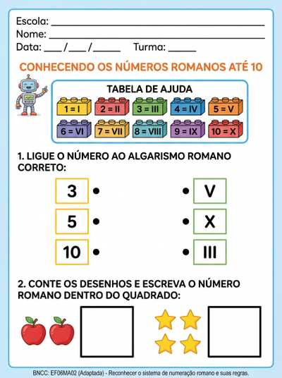 crie uma atividade adapta para um aluno autista do 5ano, com algarismos romanos até 10. Antes do envio reveja a lógica e corrija as informações das atividades
