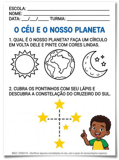 atividade adaptada para aluno especial a nivel de 5 ano sobre constelações , cruzeiro do sul e o planeta terra
