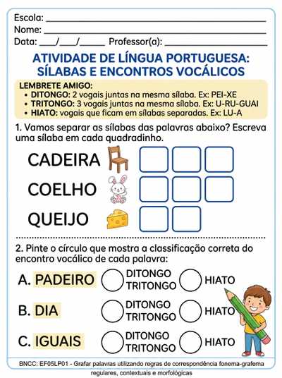 CRIE UMA ATIVIDADE ADAPTADA PARA TEA 5 ANO , SOBRE SEPARAÇÃO DE SÍLABAS E CLASSFICAÇÃO DE ENCONTROS VOCÁLICOS