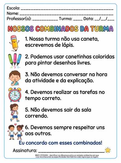 Crie uma lista de combinados bem colorida e criativa. Com as seguintes instruções.

Nossa turma não usa caneta , escrevemos de lápis.

Podemos usar canetinhas coloridas para pintar desenhos livres.

Não  devemos conversar no da atividade e da explicação.

Devemos realizar as tarefas no tempo correto.

Não devemos sair da sala correndo.

Devemos sempre respeitar uns aos outros.