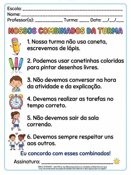 Combinados da Turma com Ilustrações e Assinatura