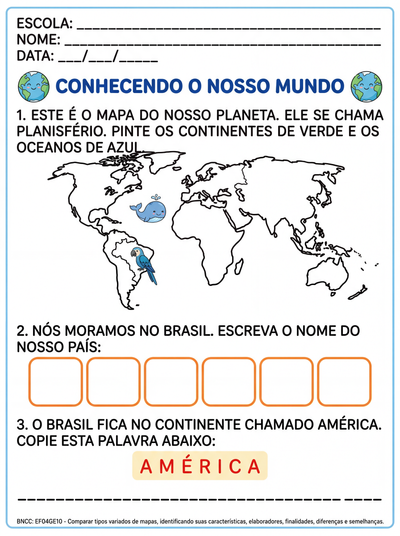 faça uma atividade adaptada para um aluno do 5º ano sobre : planisfério , continentes e oceanos. O aluno precisa de espaço amplo para escrever pois é um aluno TEA E tem sindrome de down