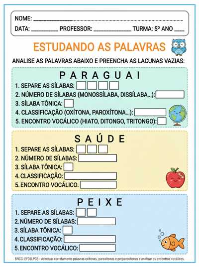 crie uma tarefa adaptada para um aluno TEA 5 ANO com: 
separação e classificação das sílabas,
separação e classificação da sílaba tônica,
separação e classificação hiato, ditongo e tritongo
NESTA MESMA PROPOSTA, PORÉM COM AS LACUNAS EM BRANCO PARA A CRIANÇA P-REENCHER