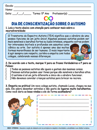Crie uma atividade informativa e criativa sobre o dia da conscientização do autismo para alunos do 5 ano