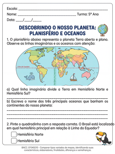 Atividade adaptada para aluno de 5 ano sobre planisfério, hemisférios e oceanos