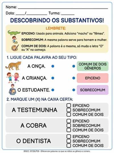 Atividade tea 5 ano substantivo epiceno , sobrecomum e comum de dois gêneros