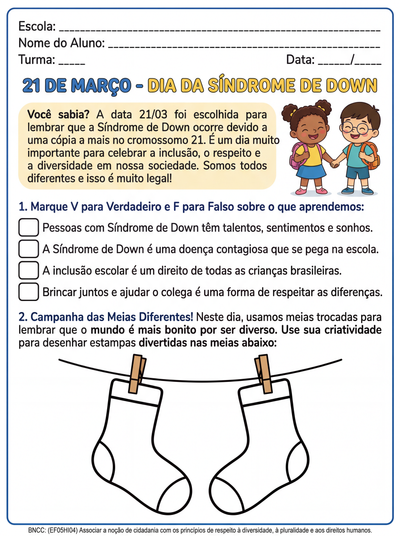 Crie uma atividade informativa e criativa sobre o dia da síndrome de down para alunos do 5 ano